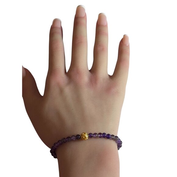 18K Gold Money Coin Ball Lucky Charm Bracelet Mini Gemstone Natural Amethyst 4mm - Picture 6 of 6